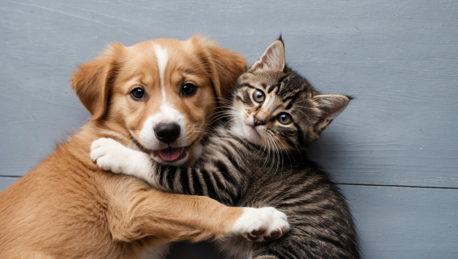 dog and cat hugging each other